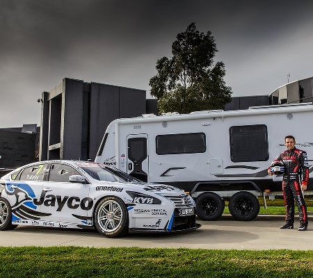 Nissan V8 Supercar driver Todd Kelly with his new Jayco-sponsored Nissan Altima.