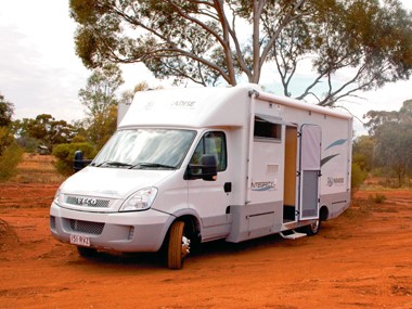 The Paradise Integrity motorhome on red Kalgoorlie country.