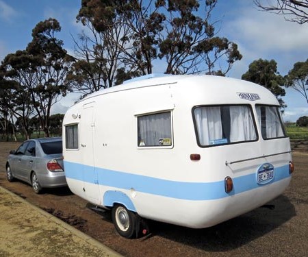 The 1959 Sunliner caravan was towed across the Nullarbor with a 2004 model four-cylinder Toyota Camr