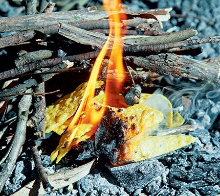 Corn chips will burn freely, are easy to light and a handful will start a fire with ease.