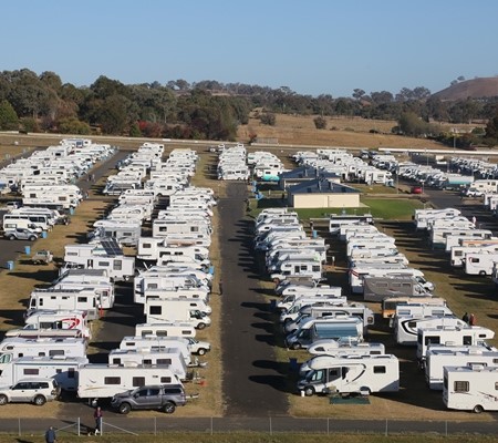 Hundreds of motorhomes at Mt Panorama for the CMCA Anniversary Rally.