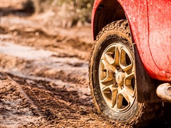 The Bridgestone Dueler mud-terrain tyre.