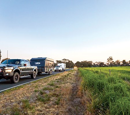 Caravan convoy on the road with Dreamseeker at the front at Best Aussie Vans 2017