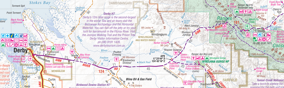 A map of the Gibb River Road, in the heart of Western Australia's Kimberley region.