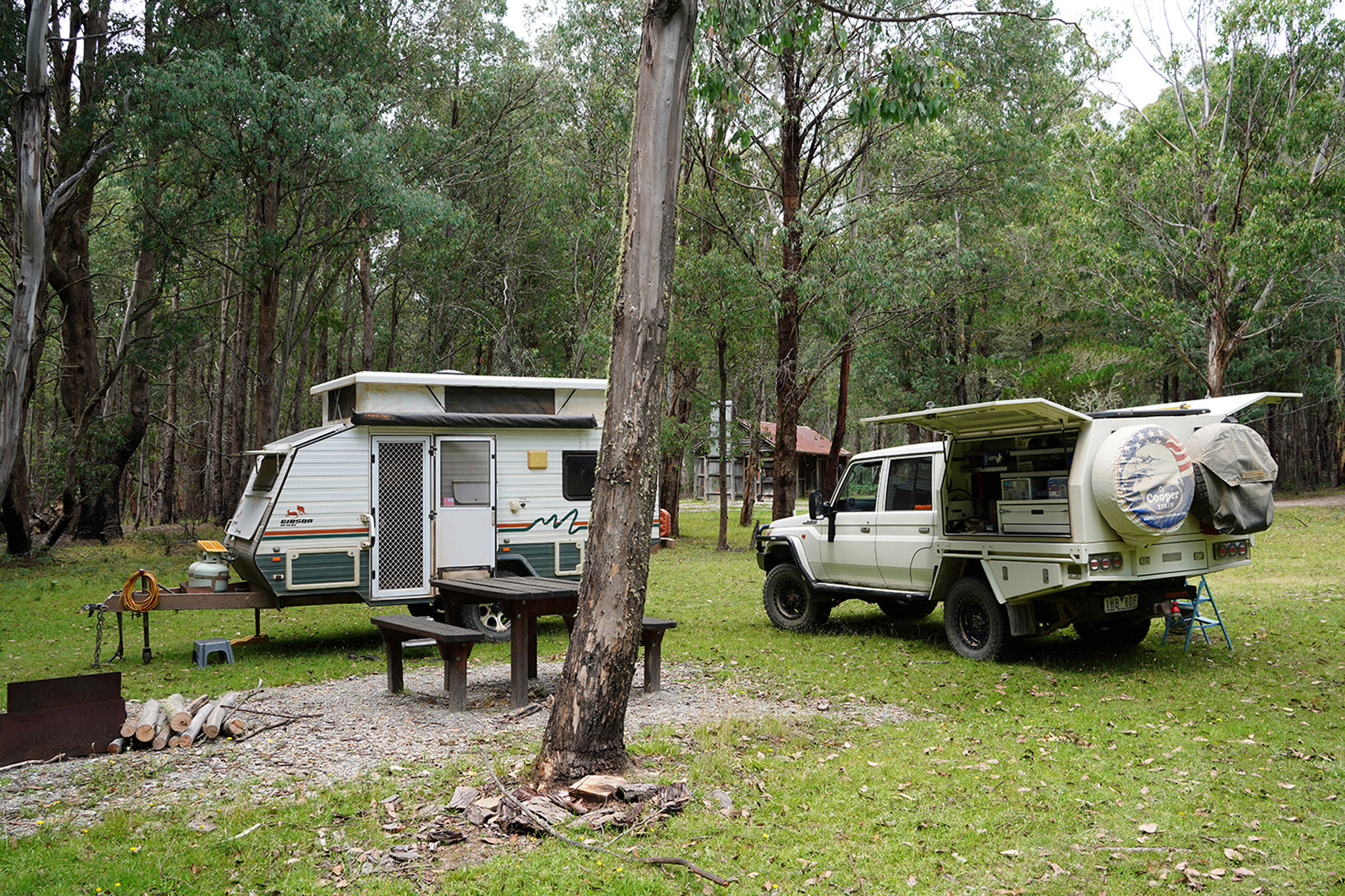 A campsite with a caravan and a car