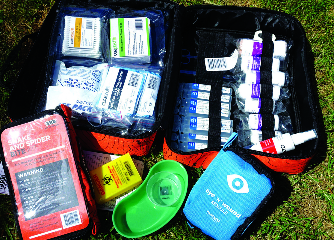 Various first aid items laid out