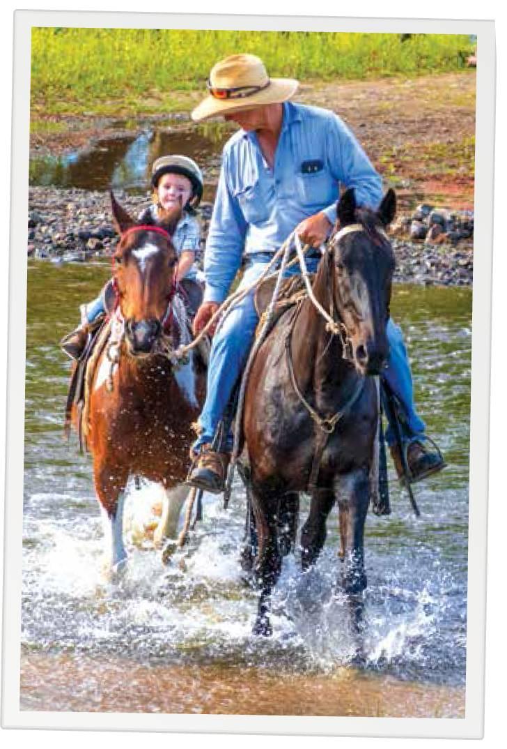 A guided horse back trip image with guide and toddler riding horses