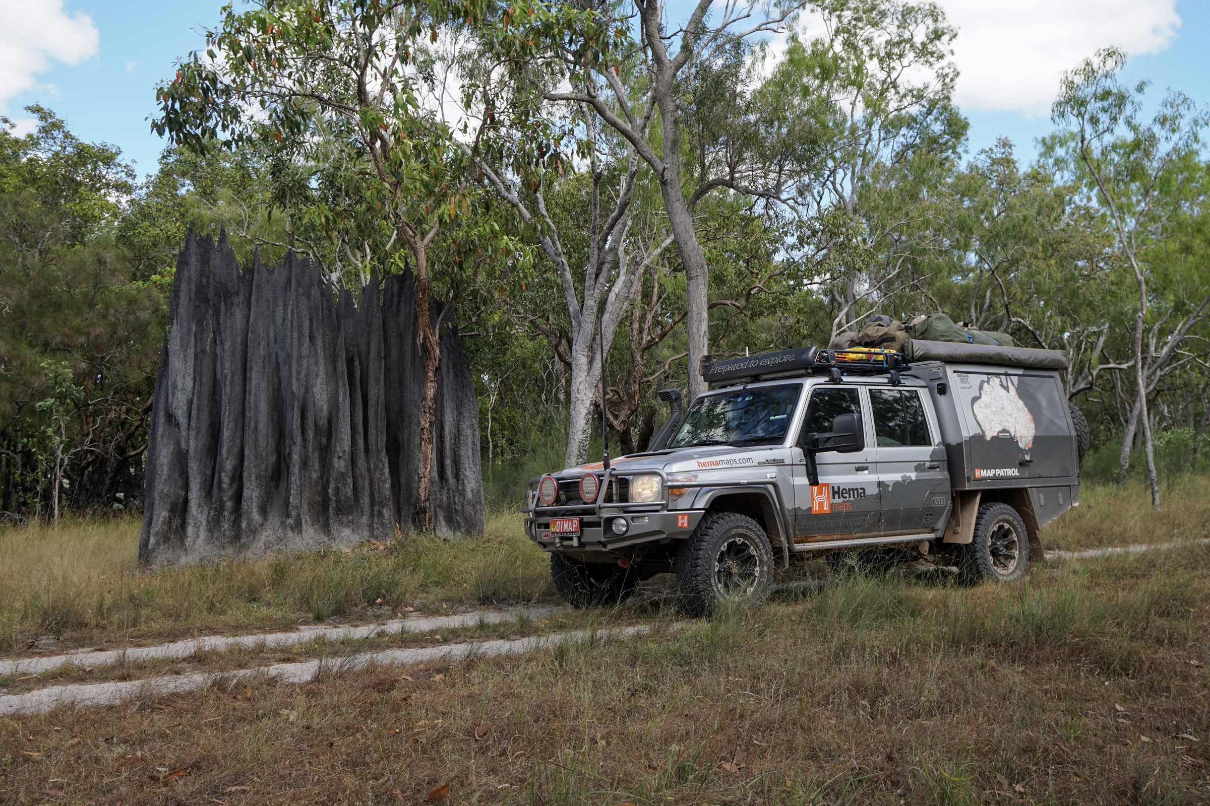 Massive termite mounds on the  side of a track