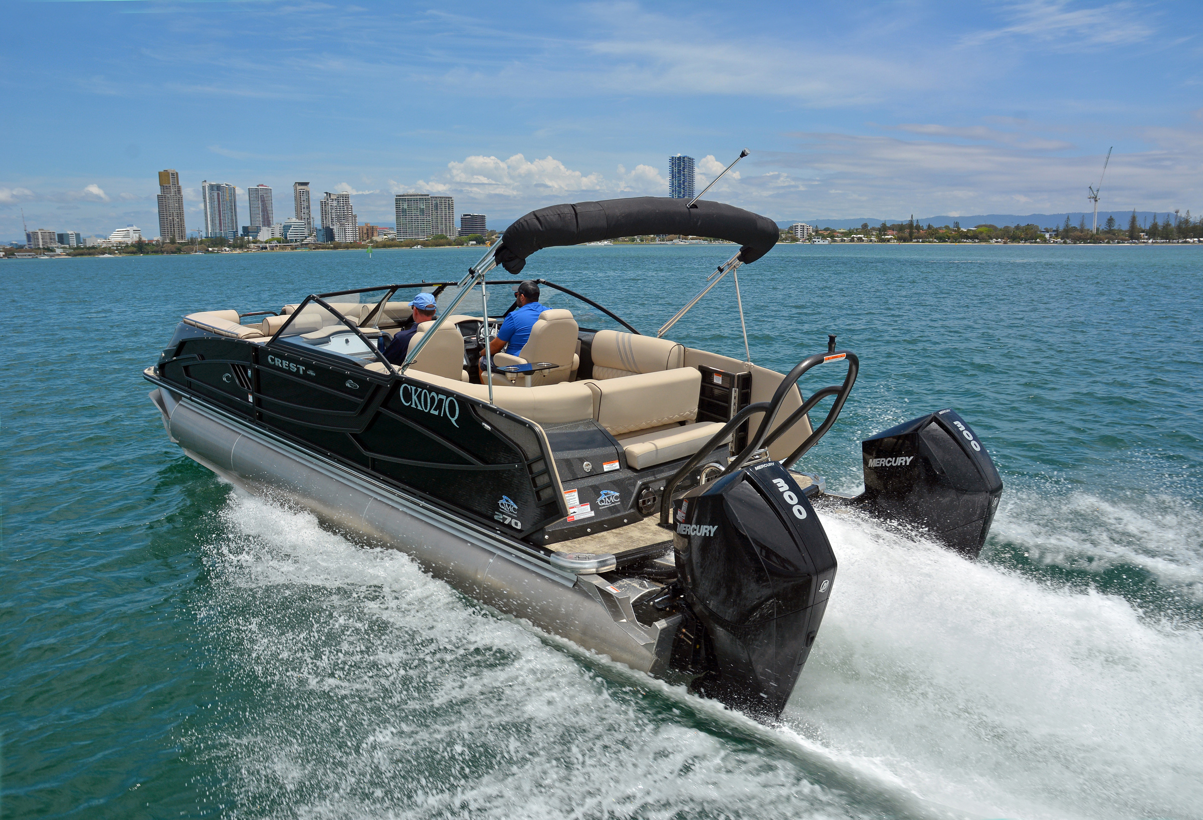 Dual Mercury 300hp V8 four-stroke outboards deliver a top speed of 50 knots